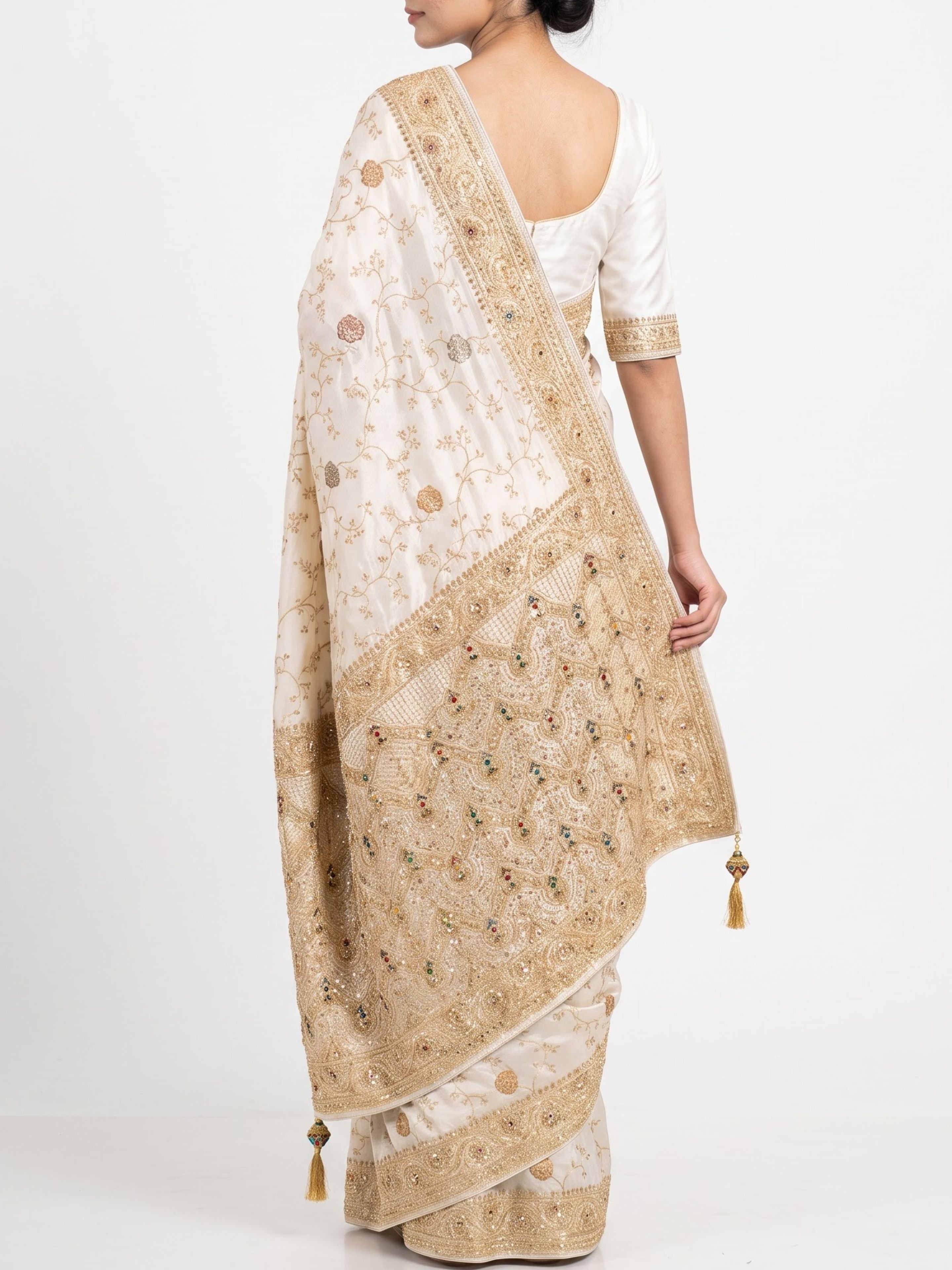 Ivory Silk Unstitched Saree Embellished With Sequins, Cutdana, Zarkan, Dabka & Stone Work